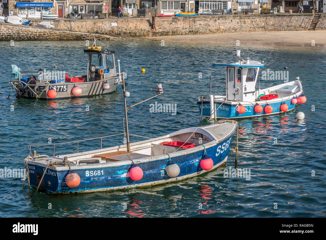 Fishing boats on moorings St Ives harbour Cornwall UK Stock Photo