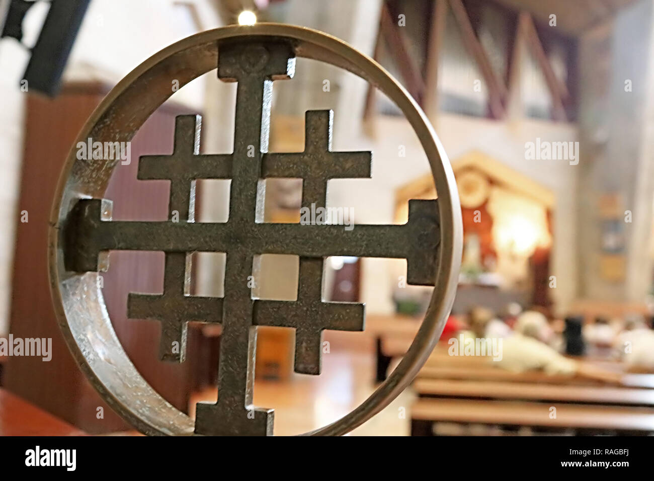 NAZARETH, ISRAEL - SEPTEMBER 21, 2017: Cross in the Basilica of the Annunciation Stock Photo