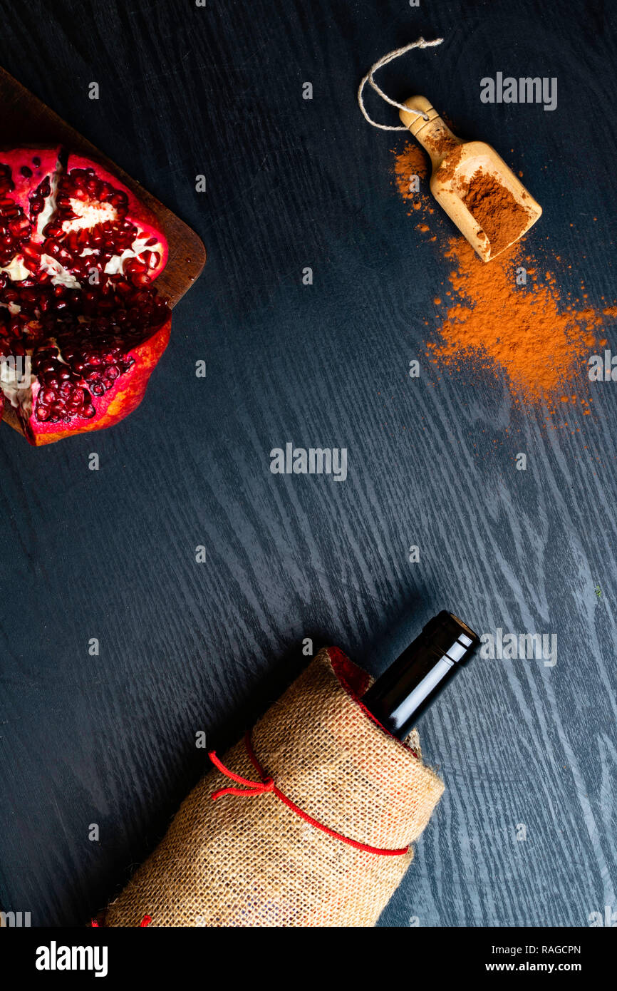 food rich with resveratrol and iron red wine, pomegranate, cacao Stock