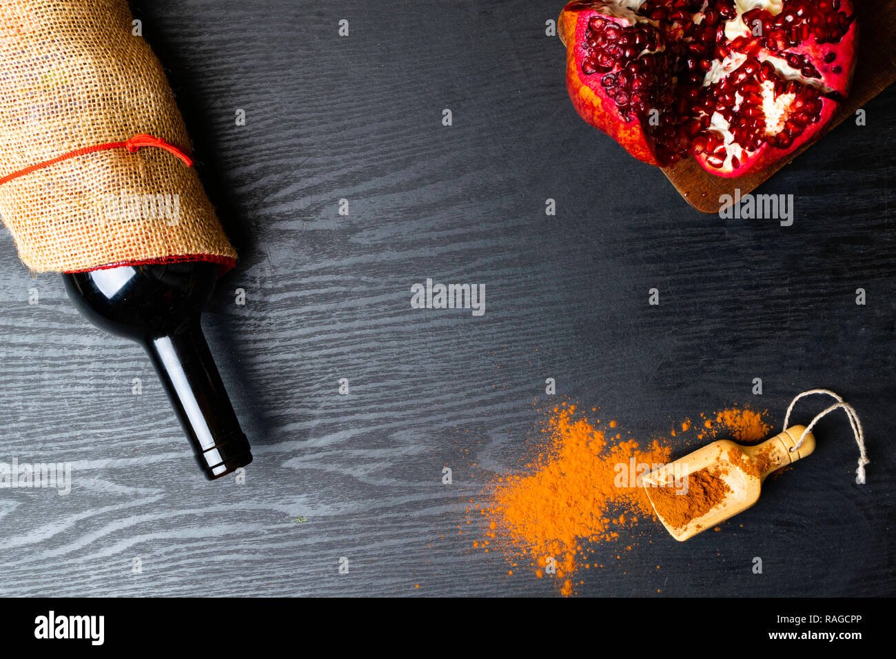 food rich with resveratrol and iron red wine, pomegranate, cacao Stock