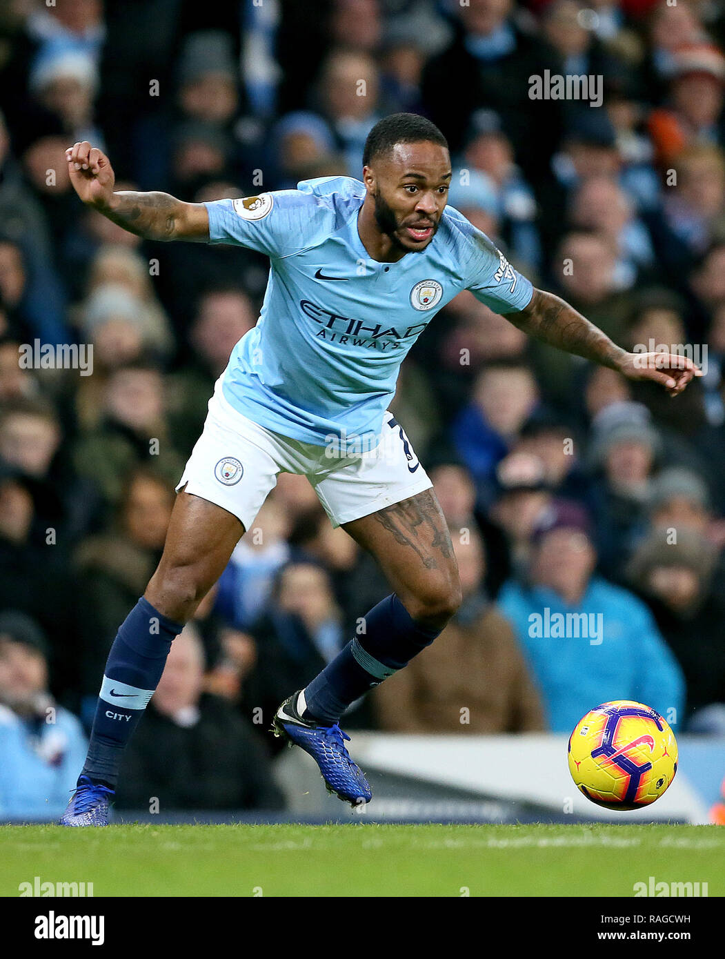 Manchester City's Raheem Sterling during the Premier League match at the Etihad Stadium, Manchester. Stock Photo