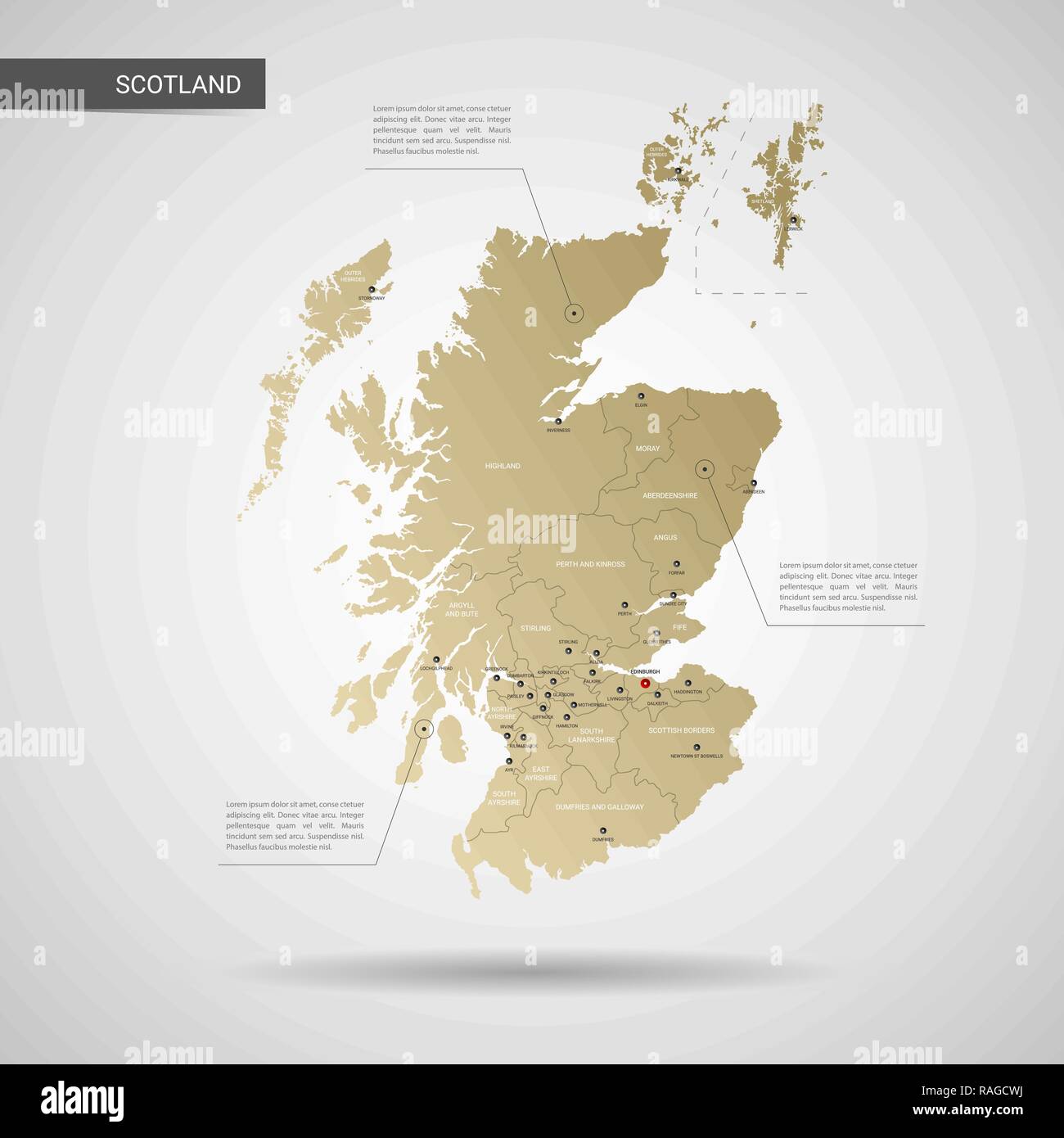 Stylized vector Scotland map. Infographic 3d gold map illustration with  cities, borders, capital, administrative divisions and pointer marks,  shadow Stock Vector Image & Art - Alamy