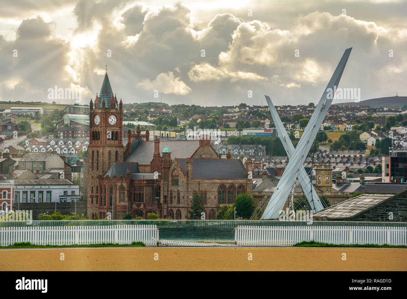 Scenic view of Londonderry, with Guildhall and Peace Bridge, Northern Ireland. Stock Photo