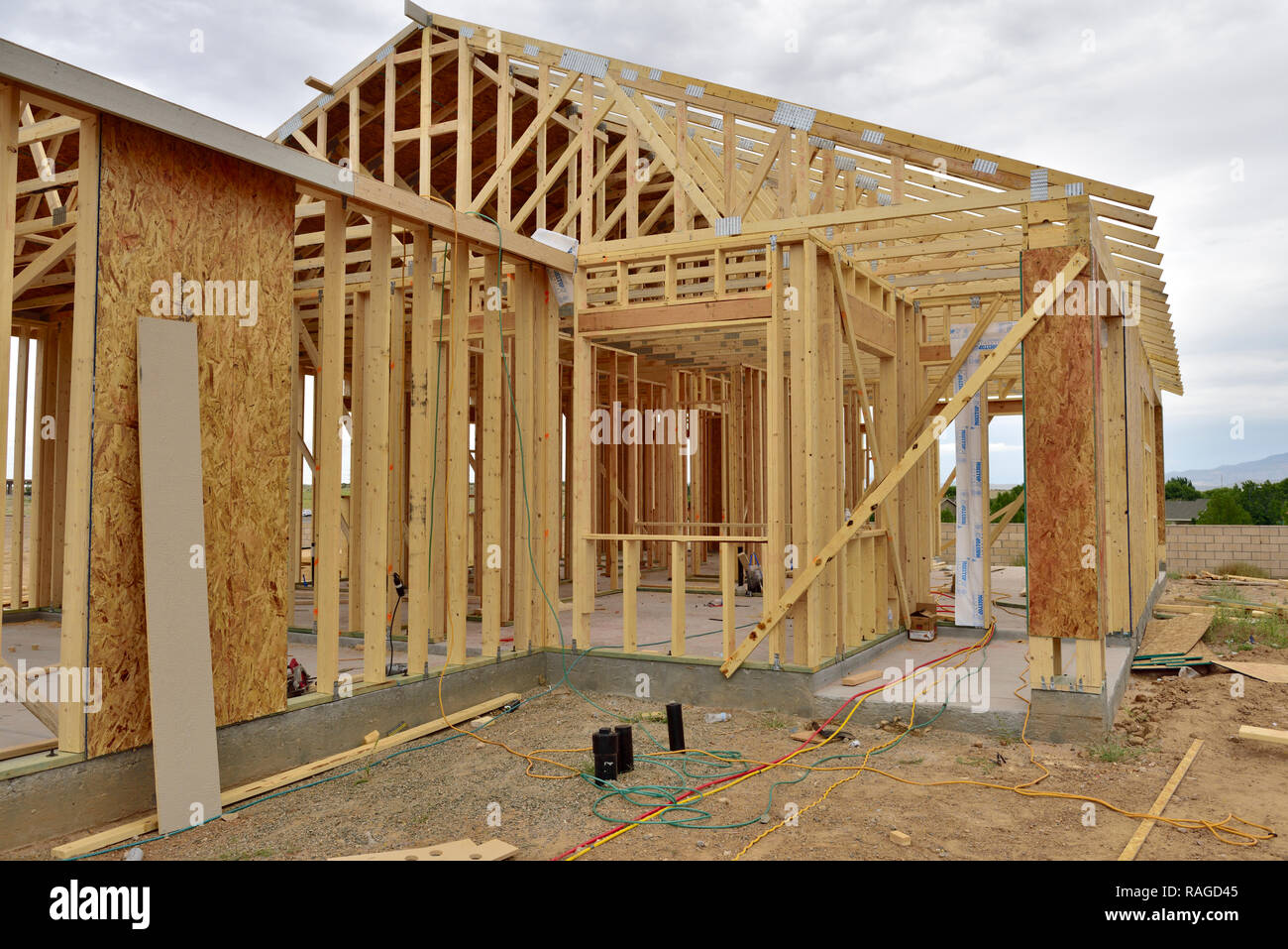 New wood frame house construction in USA, development of residential