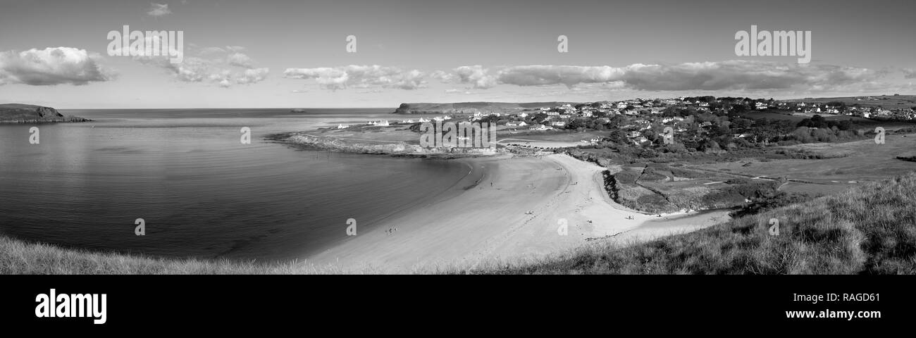 Panoramic view of Daymer Bay and the mouth of the Camel estuary, North Cornwall, England Stock Photo