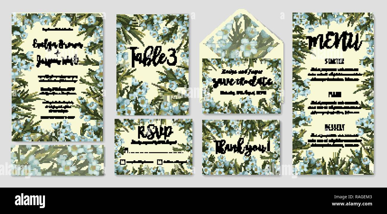 Wedding invitation frame set; blue wax flowers, leaves, watercolor. Hand drawn Vector Watercolor style, nature art.  Save date, thank you, rsvp, menu, Stock Vector