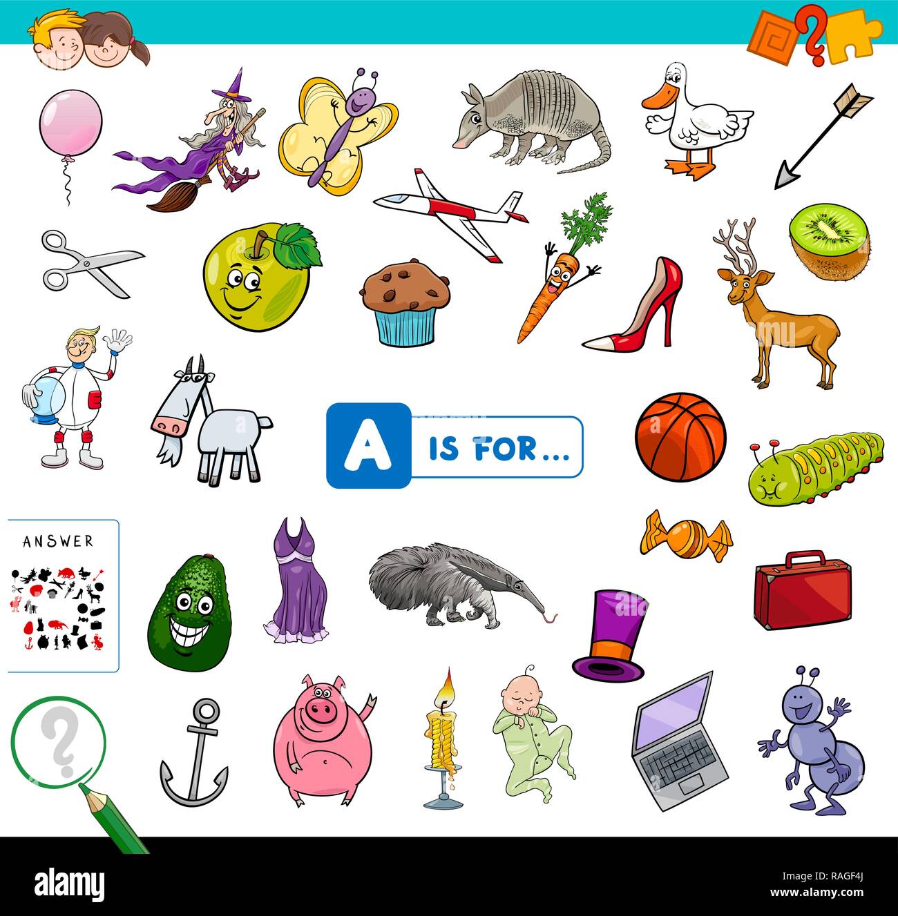 Cartoon Illustration of Finding Picture Starting with Letter A ...