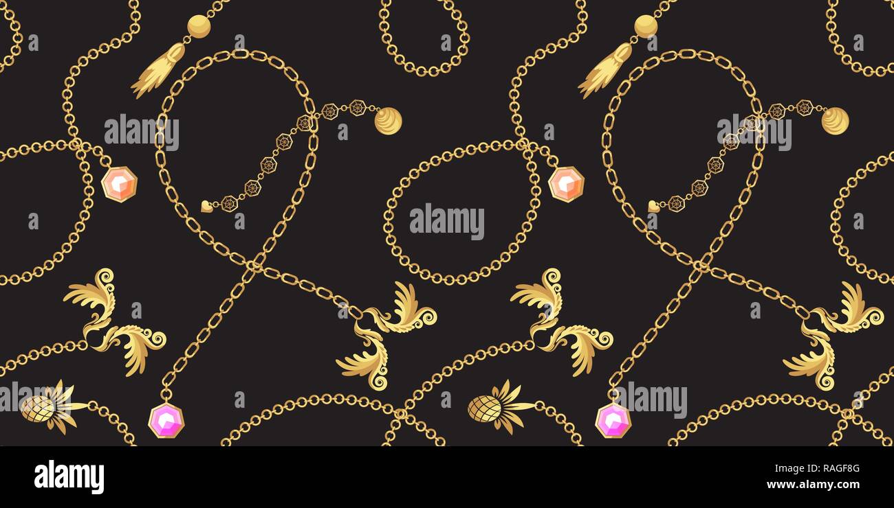 Chain gold baroque pendants necklace pattern fashion vector design. Stock Vector