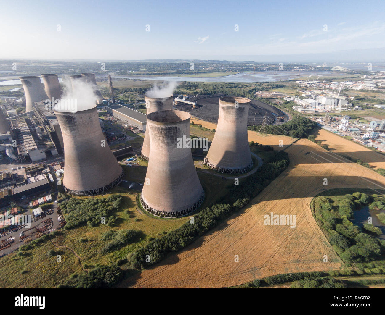 Aerial photographs of Fiddlers Ferry Power Station in Widnes / Sankey.  A Coal Power Station which famously lost a tower in 1984 due to high wind. Stock Photo
