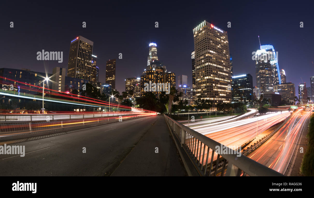 Los Angeles skyline with 110 Freeway Stock Photo