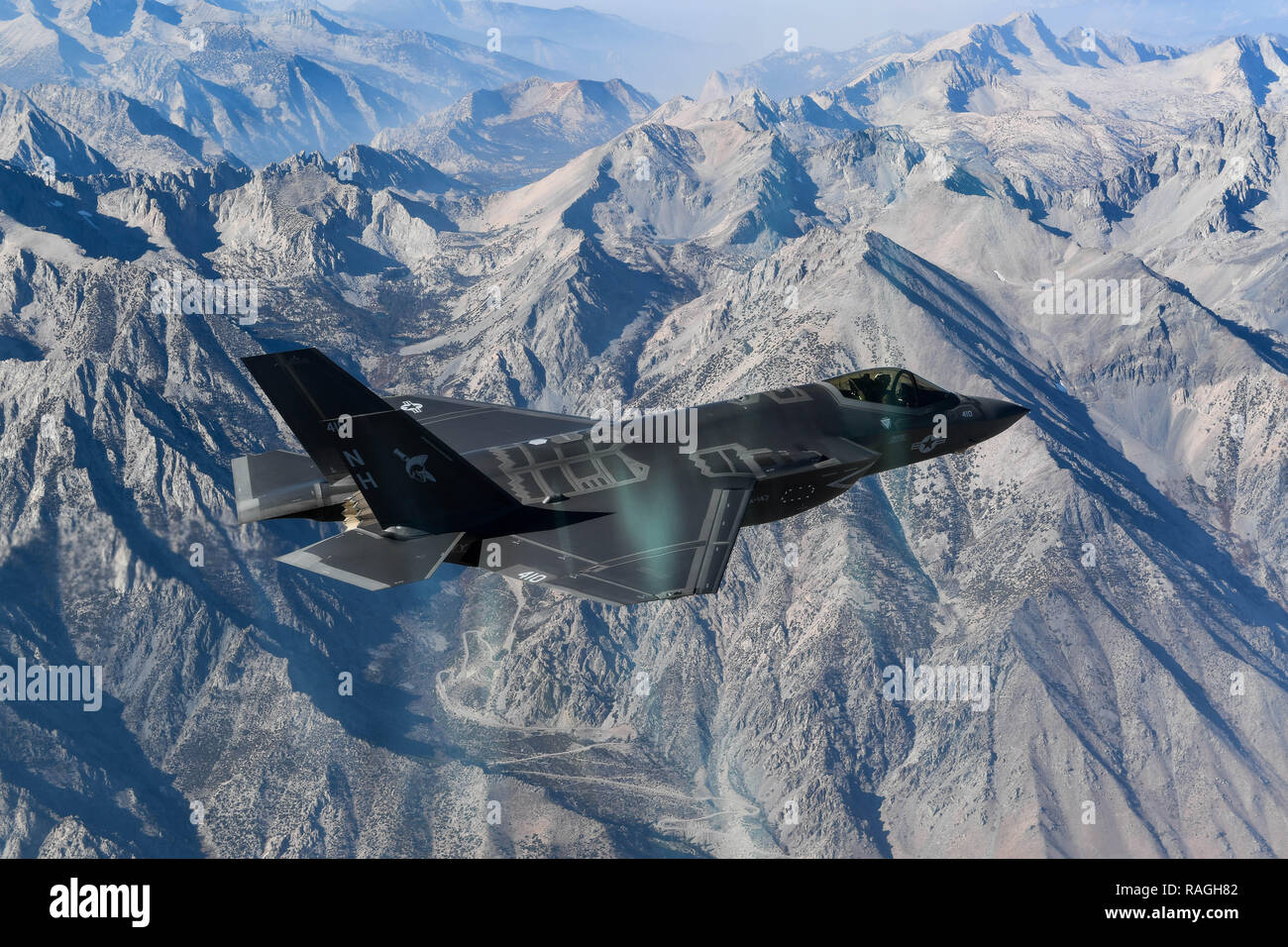 A U.S. Navy F-35C Lightning II fighter aircraft with Strike Fighter Squadron 147 in formation over central California November 16, 20189 near Lemoore, California. Stock Photo