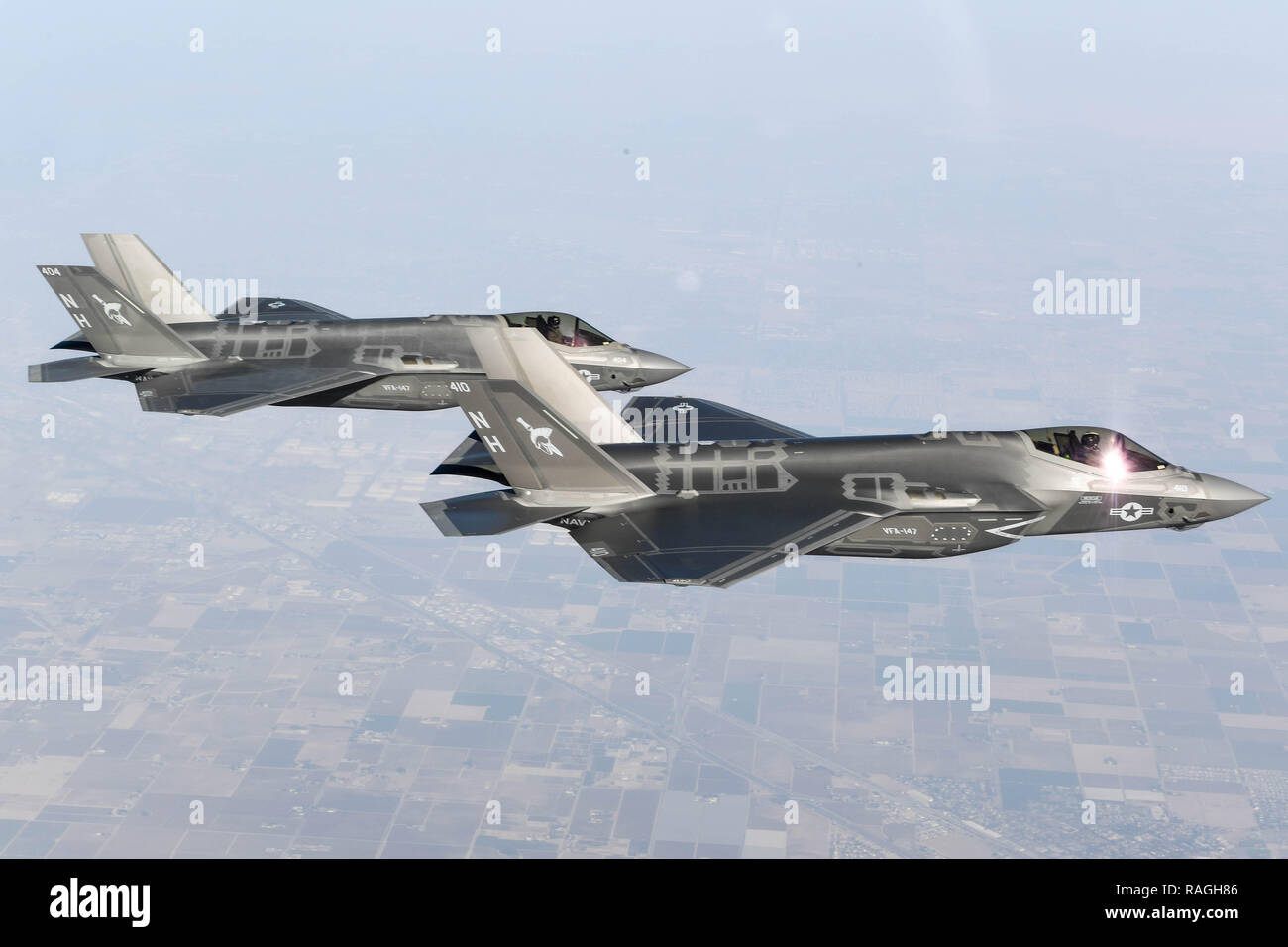 U.S. Navy F-35C Lightning II fighter aircraft with Strike Fighter Squadron 147 in formation over central California November 16, 20189 near Lemoore, California. Stock Photo