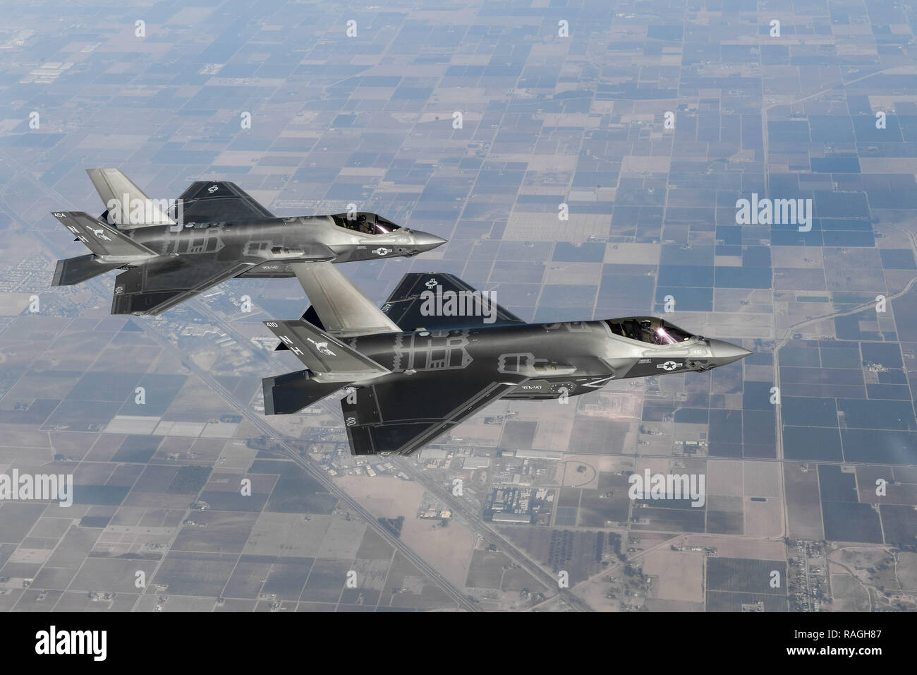U.S. Navy F-35C Lightning II fighter aircraft with Strike Fighter Squadron 147 in formation over central California November 16, 20189 near Lemoore, California. Stock Photo