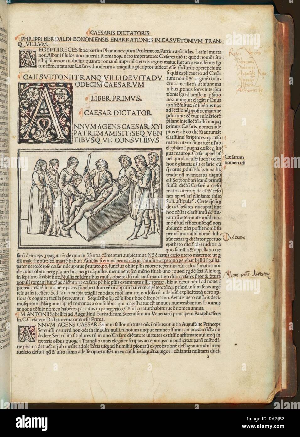 Leaf, 5, recto with illustration depicting Julius Caesar's birth by