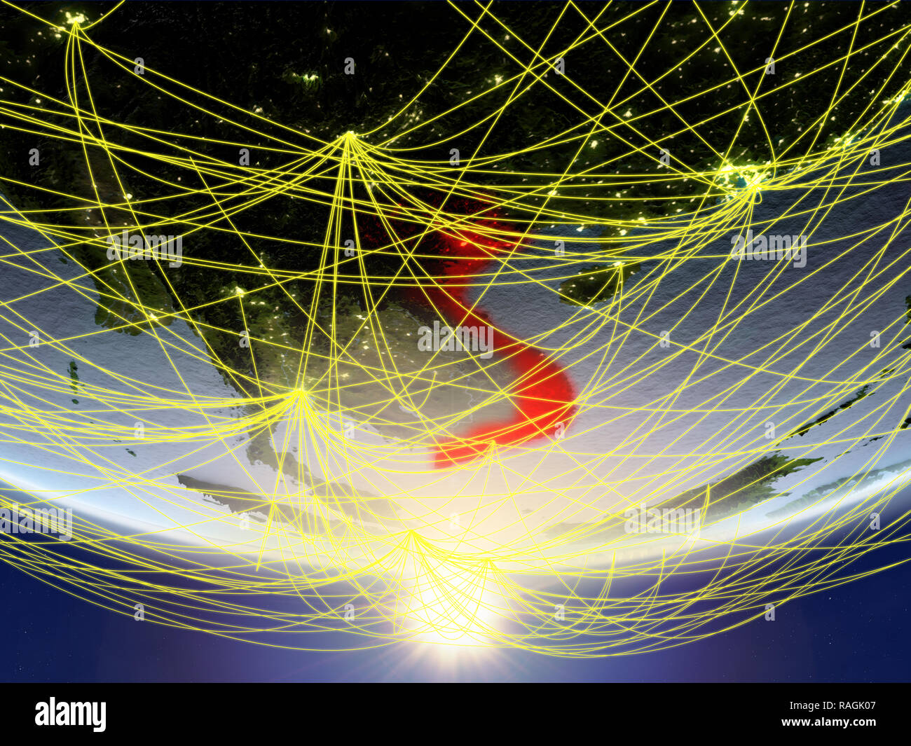 Vietnam on model of planet Earth in sunrise with network representing ...