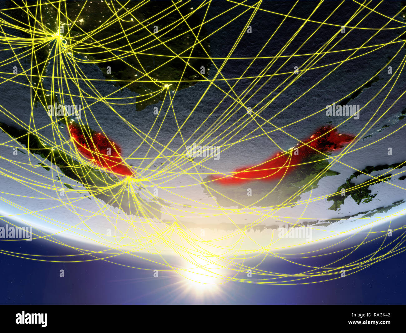 Malaysia on model of planet Earth in sunrise with network representing ...