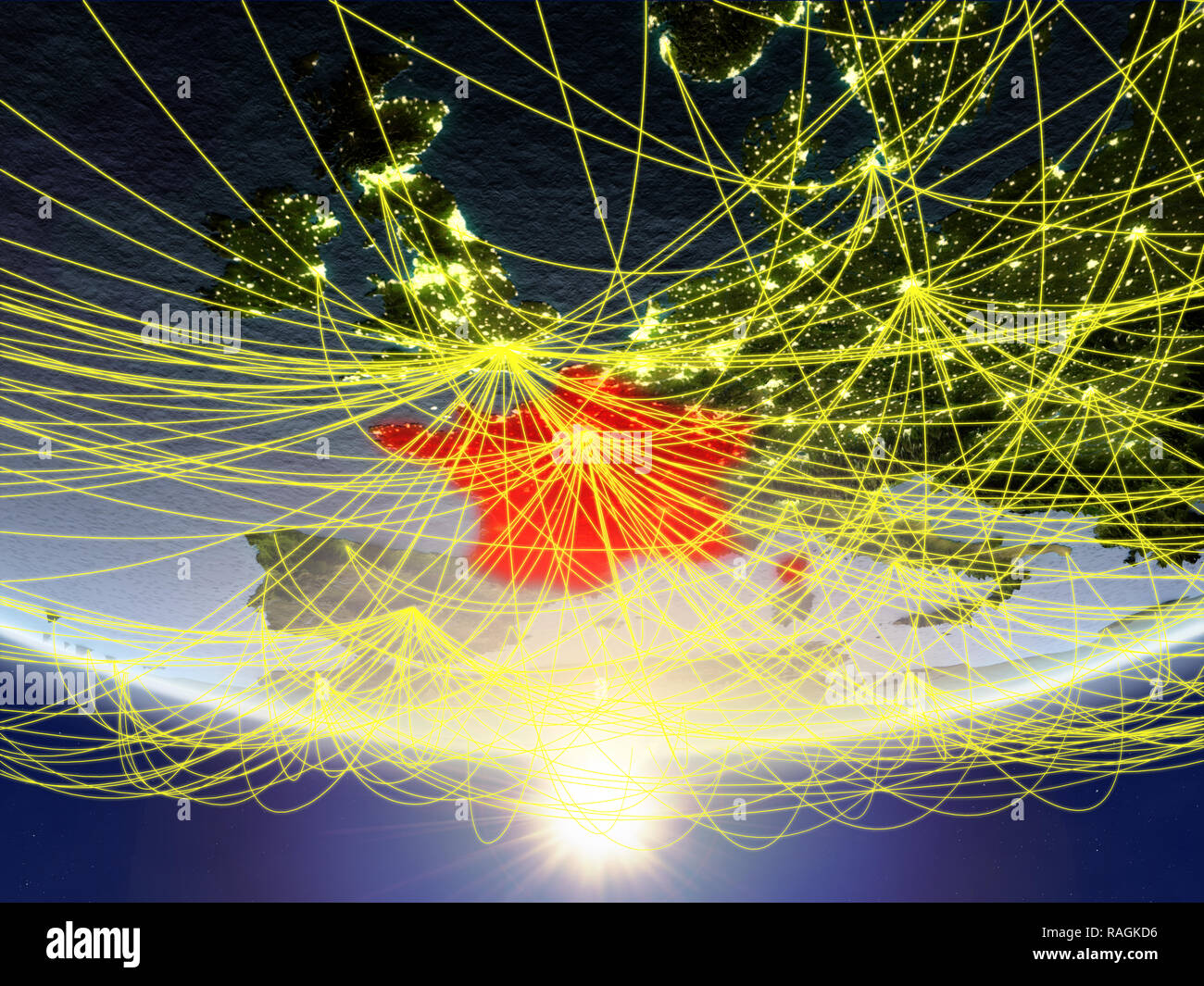 France on model of planet Earth in sunrise with network representing ...