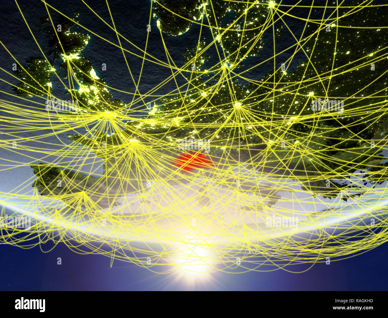 Switzerland on model of planet Earth in sunrise with network ...
