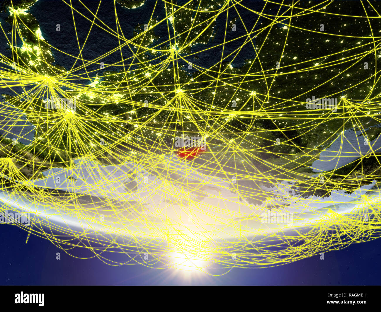 Slovenia on model of planet Earth in sunrise with network representing ...