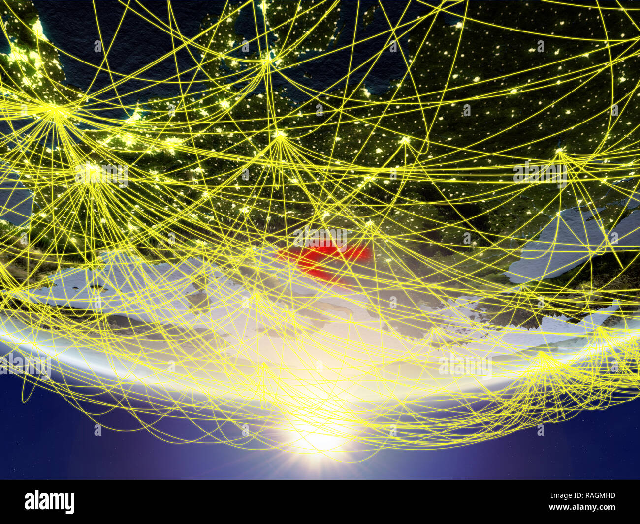 Croatia on model of planet Earth in sunrise with network representing ...