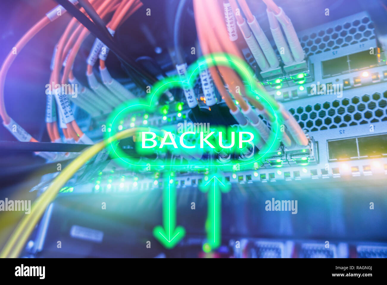 Backup button on modern server room background. Data loss prevention ...