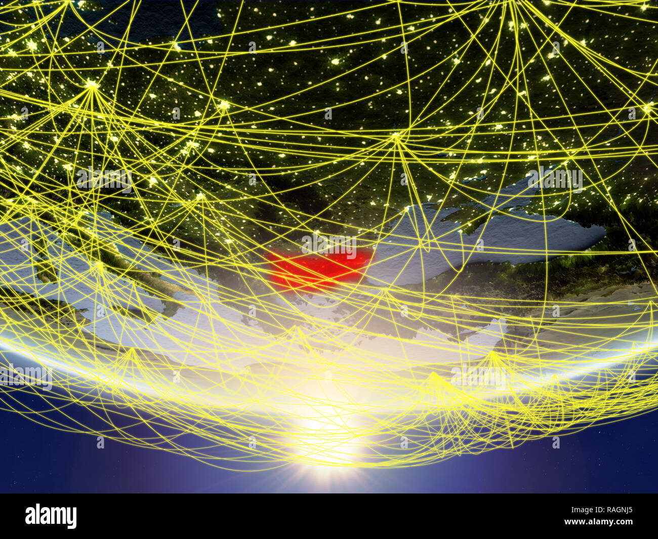 Bulgaria on model of planet Earth in sunrise with network representing ...