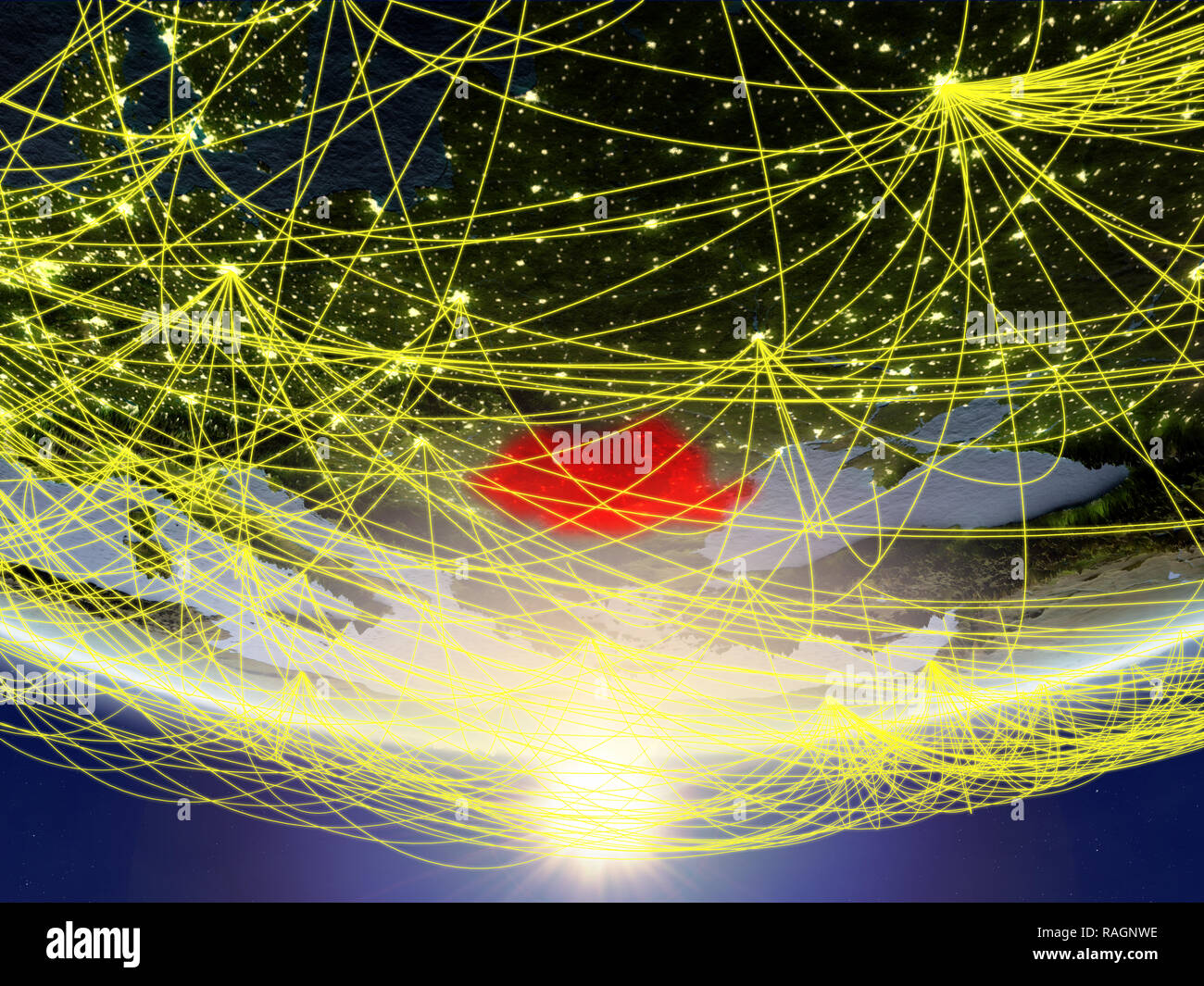 Romania on model of planet Earth in sunrise with network representing ...