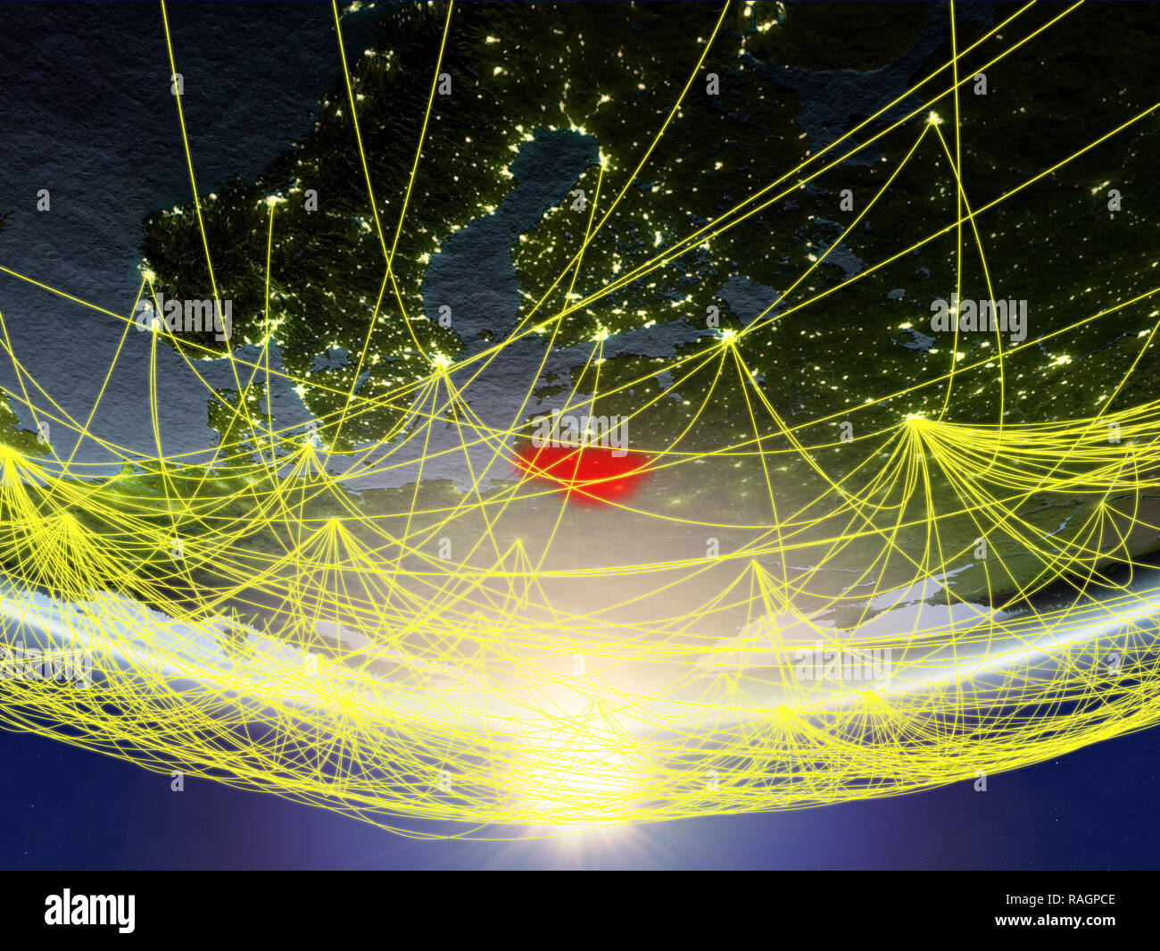 Lithuania on model of planet Earth in sunrise with network representing ...