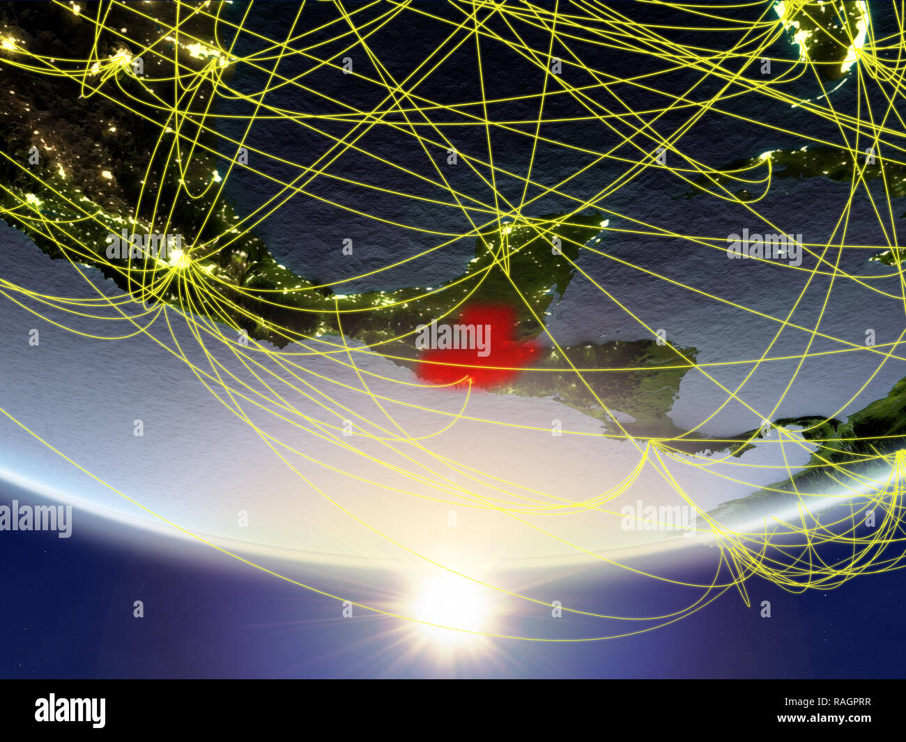 Guatemala on model of planet Earth in sunrise with network representing ...