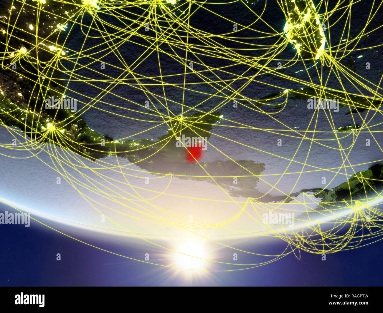 Belize on model of planet Earth in sunrise with network representing ...