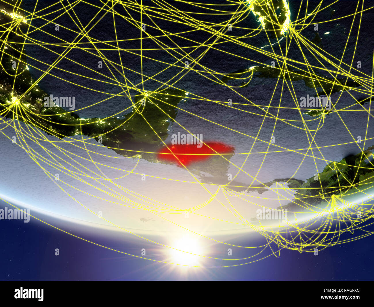Honduras on model of planet Earth in sunrise with network representing ...