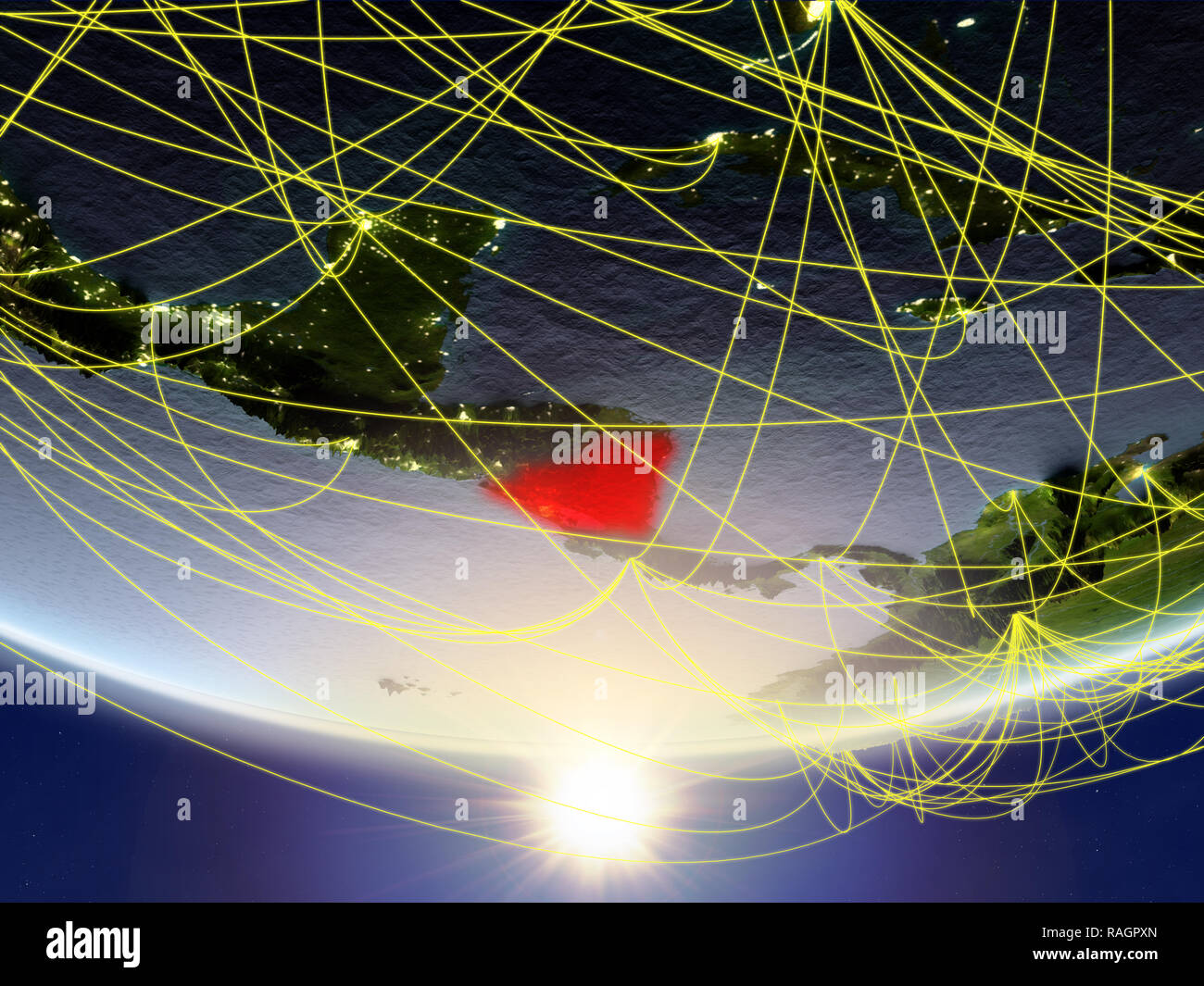 Nicaragua on model of planet Earth in sunrise with network representing ...