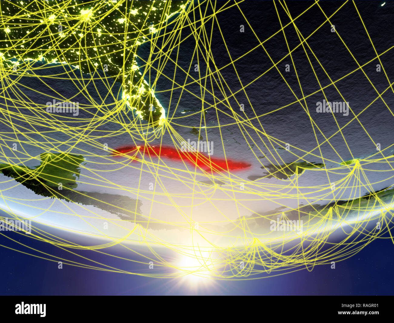 Cuba on model of planet Earth in sunrise with network representing ...