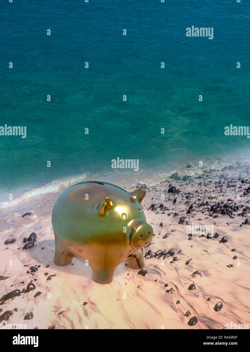 Save for vacation, piggy bank moneybox on the beach, 3D illustration Stock Photo