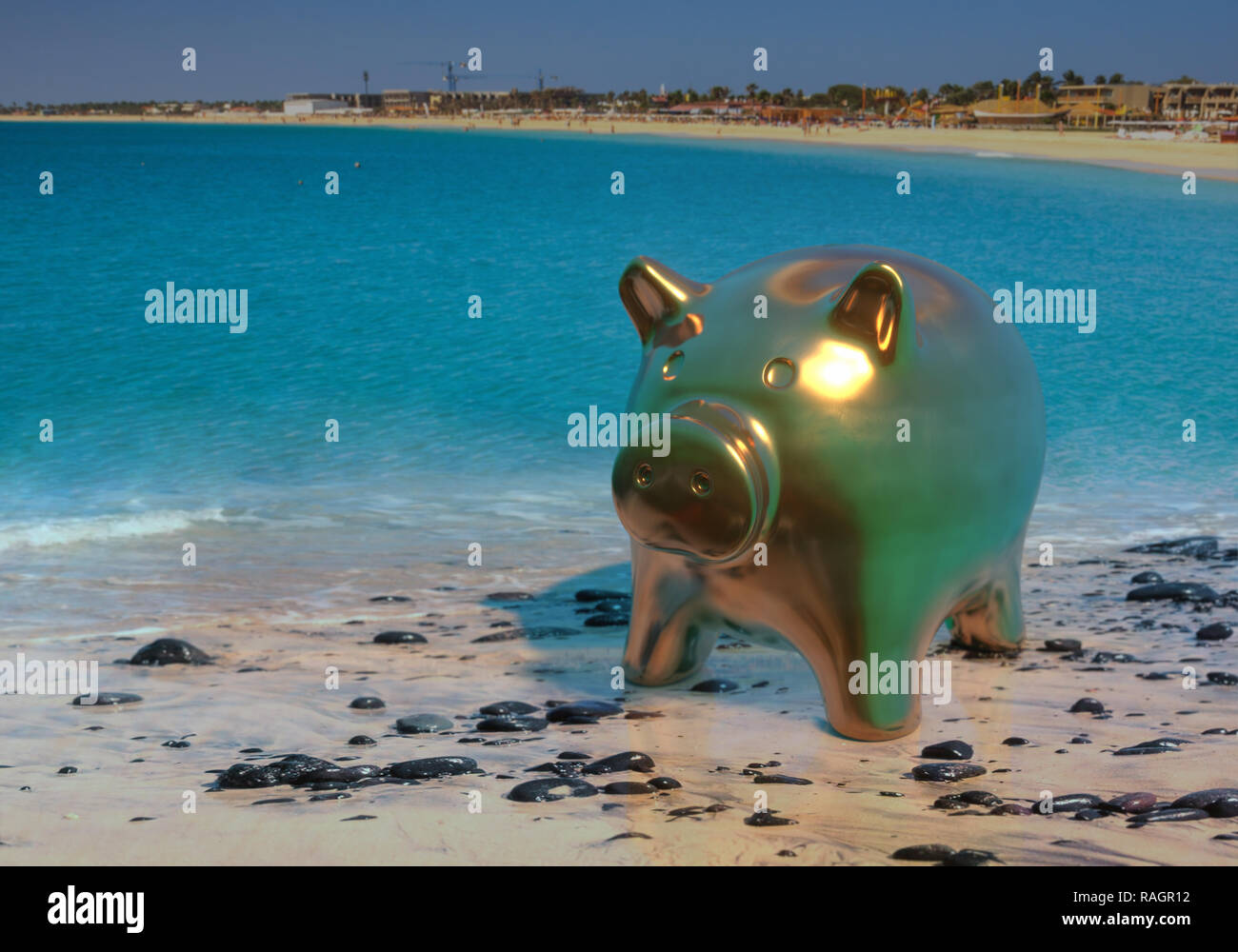 Save for travel, piggy bank on the beach, 3D illustration Stock Photo