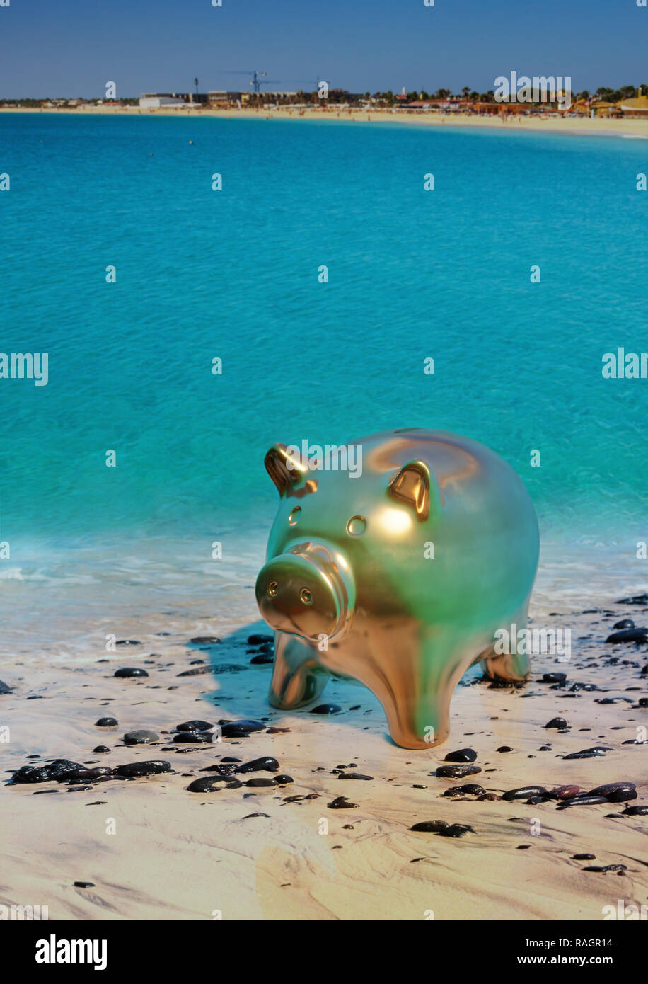 Save money for the future, piggy bank on the beach, 3D illustration Stock Photo