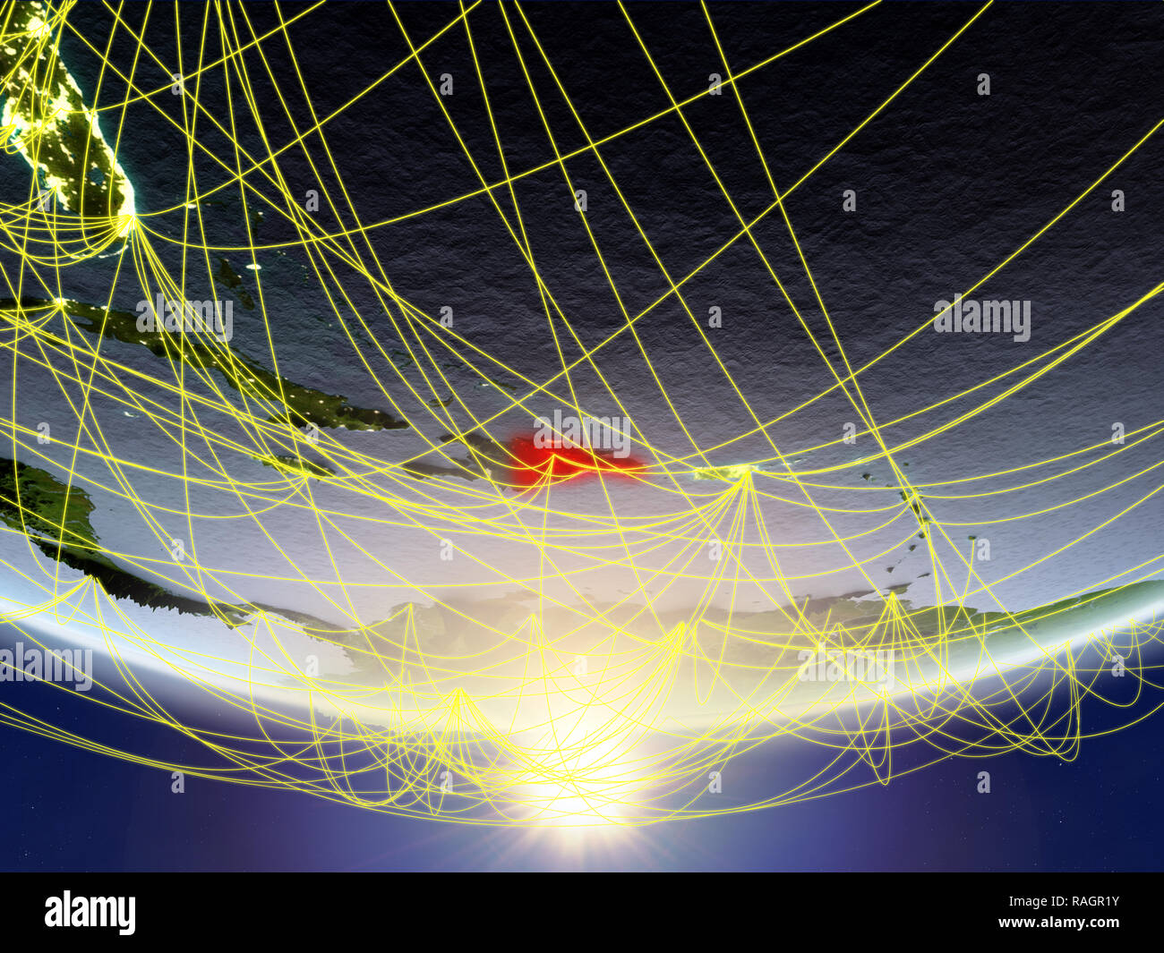 Dominican Republic on model of planet Earth in sunrise with network ...