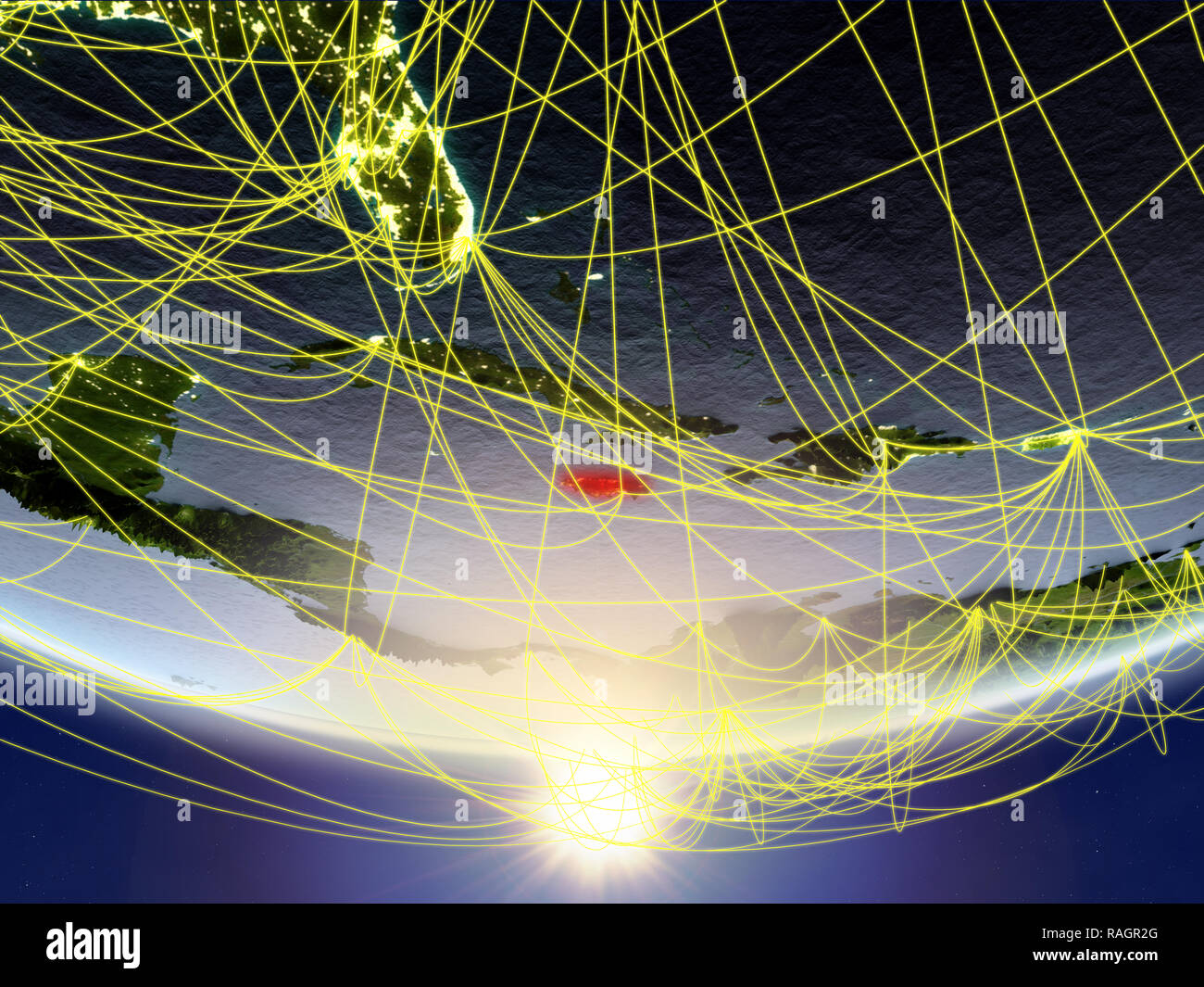 Jamaica on model of planet Earth in sunrise with network representing ...