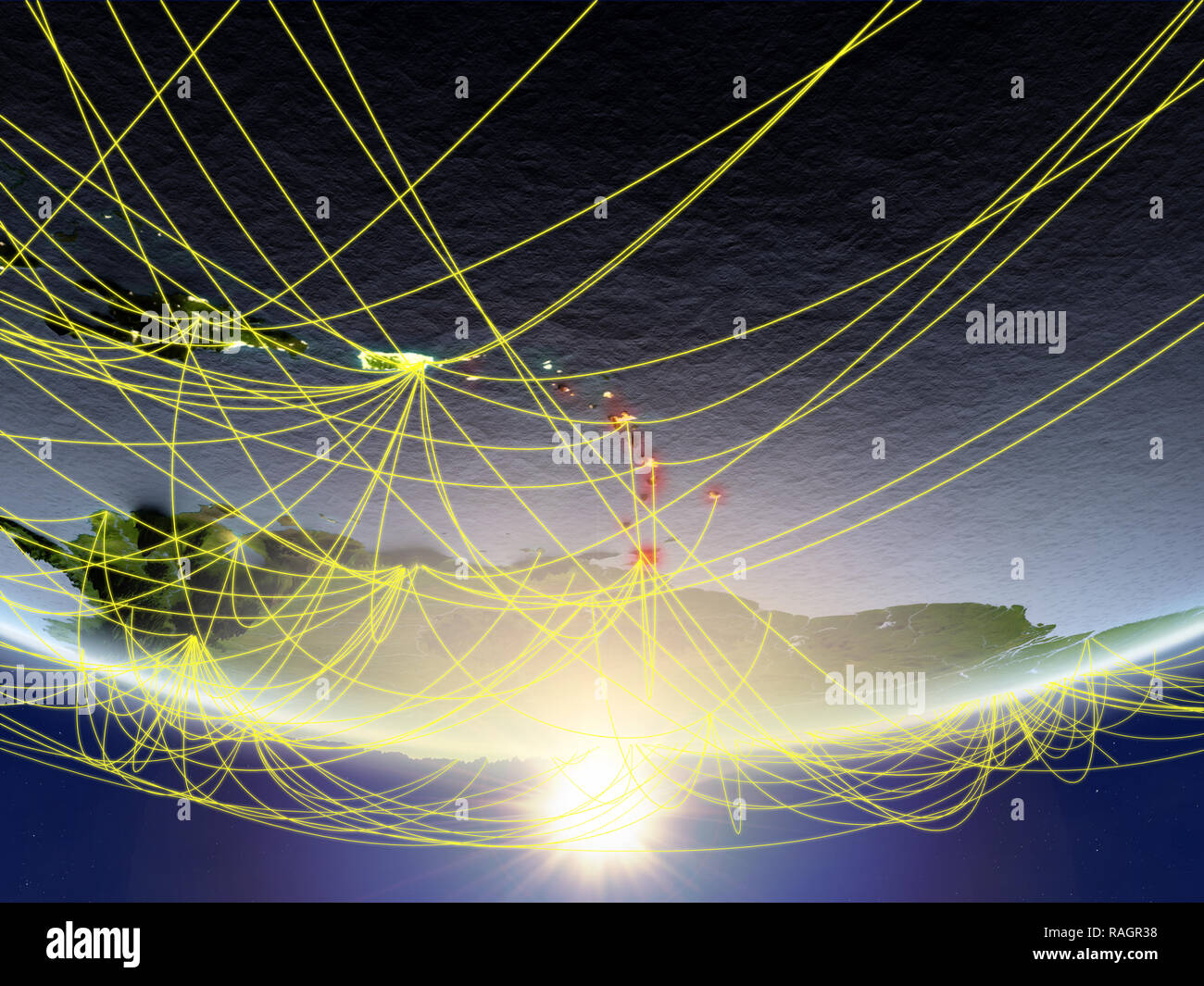 Caribbean on model of planet Earth in sunrise with network representing ...