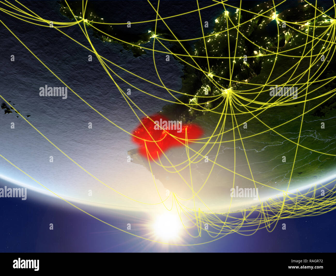 Ecuador on model of planet Earth in sunrise with network representing ...