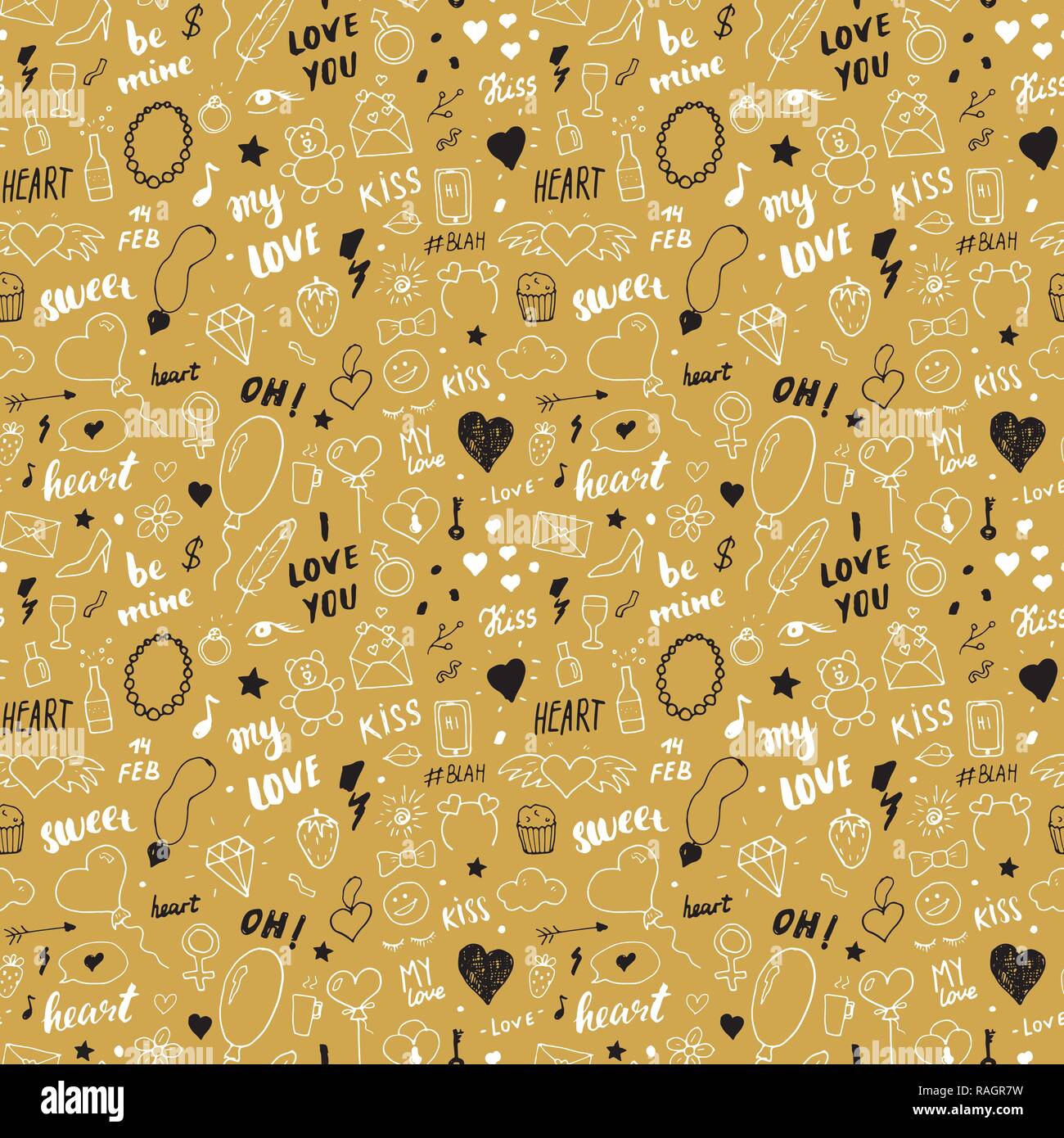 Love and Valentine Day seamless pattern vector illustration. Hand drawn ...