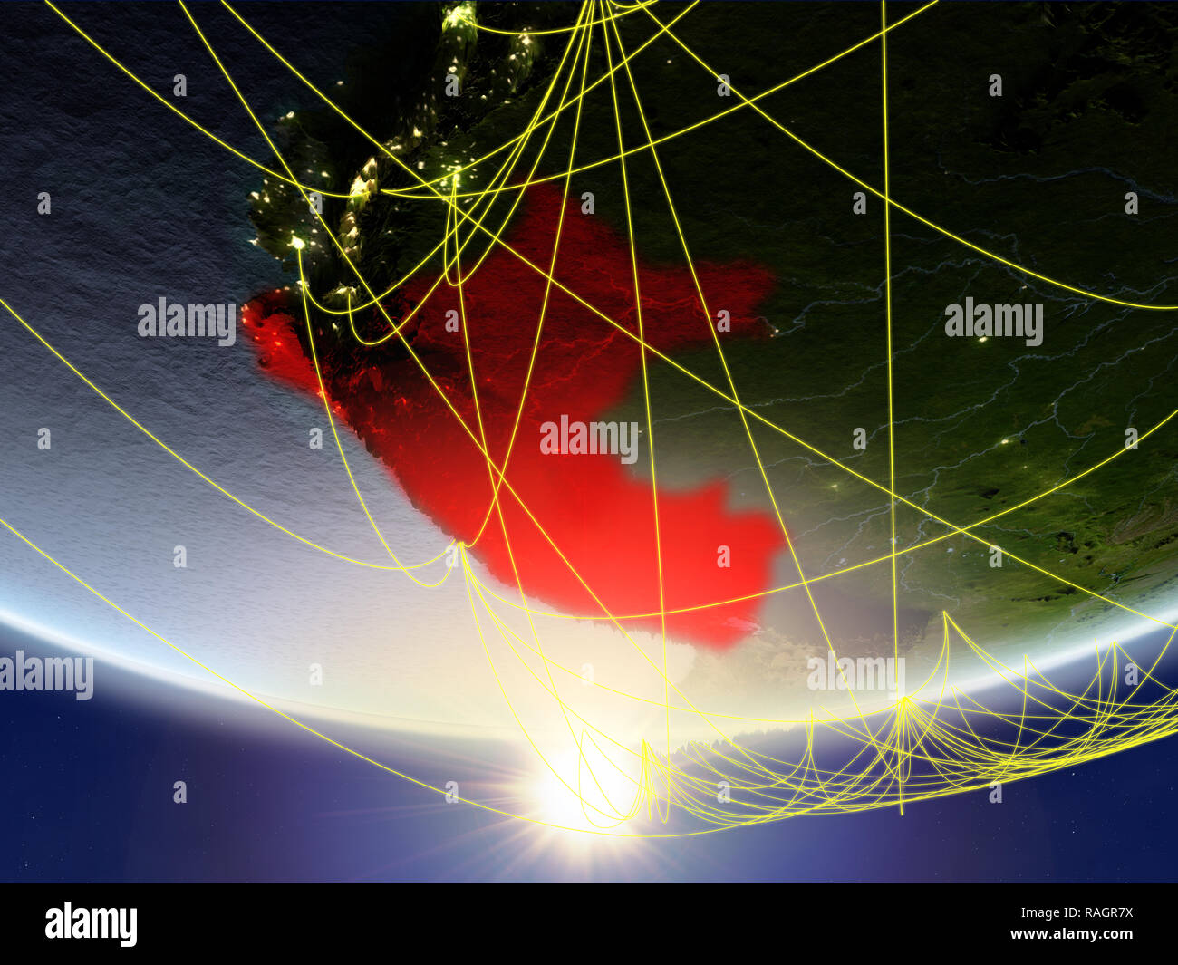Peru on model of planet Earth in sunrise with network representing ...
