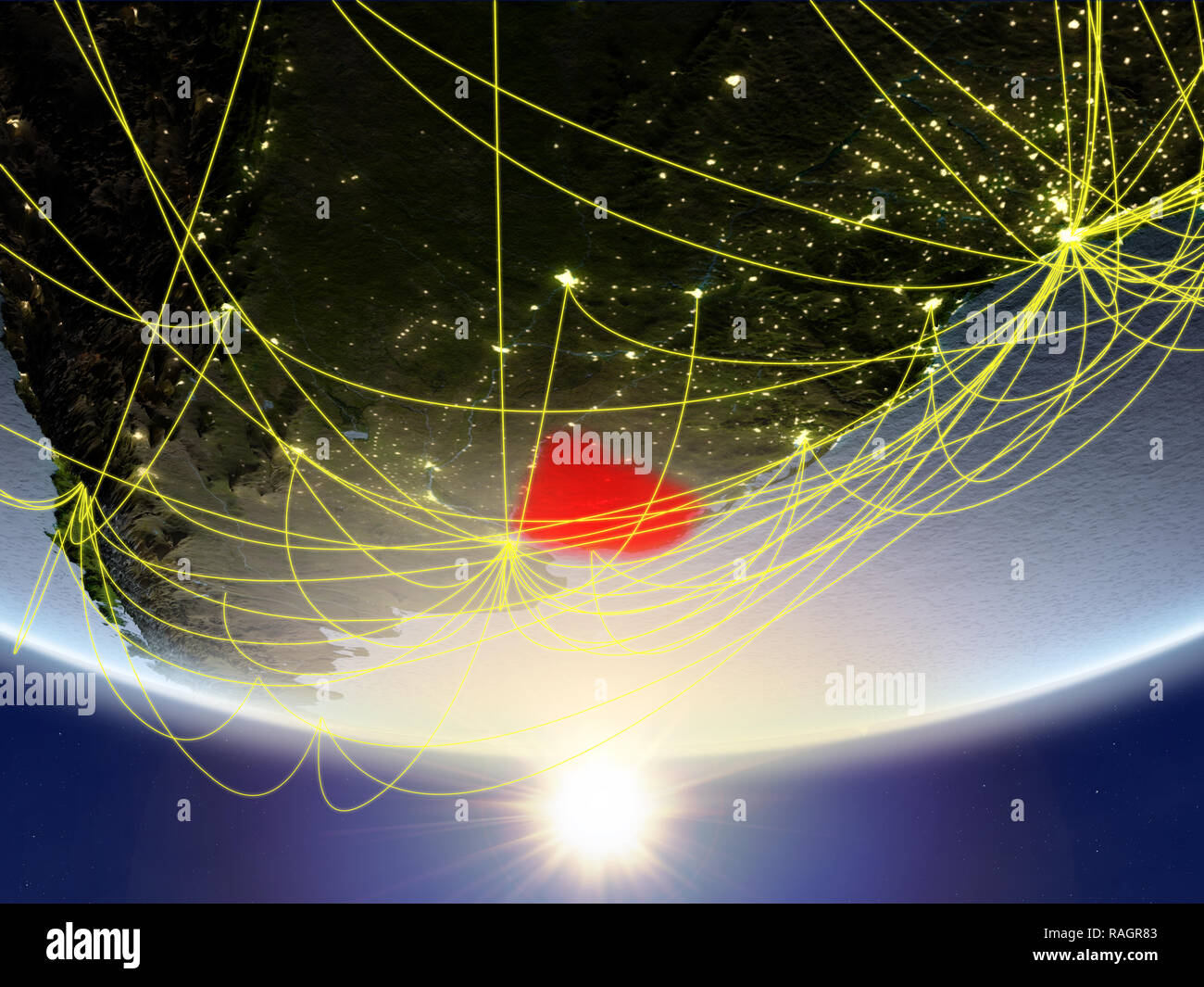 Uruguay on model of planet Earth in sunrise with network representing ...