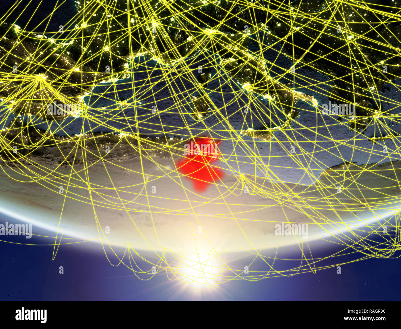 Tunisia on model of planet Earth in sunrise with network representing ...