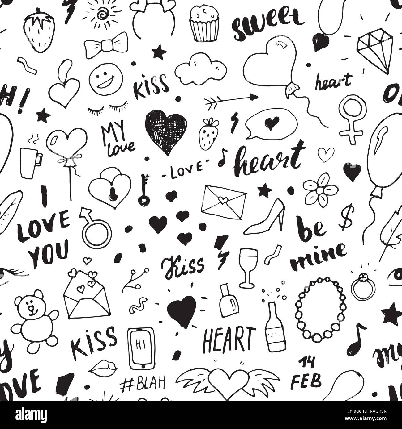 Love and Valentine Day seamless pattern vector illustration. Hand drawn ...
