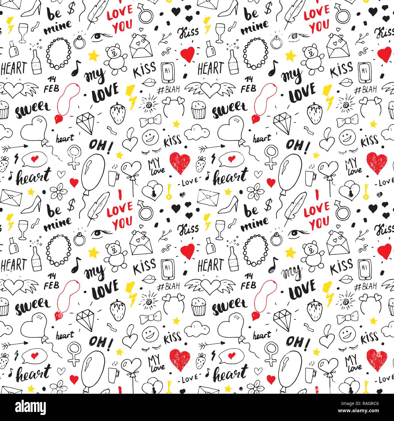 Love and Valentine Day seamless pattern vector illustration. Hand drawn ...