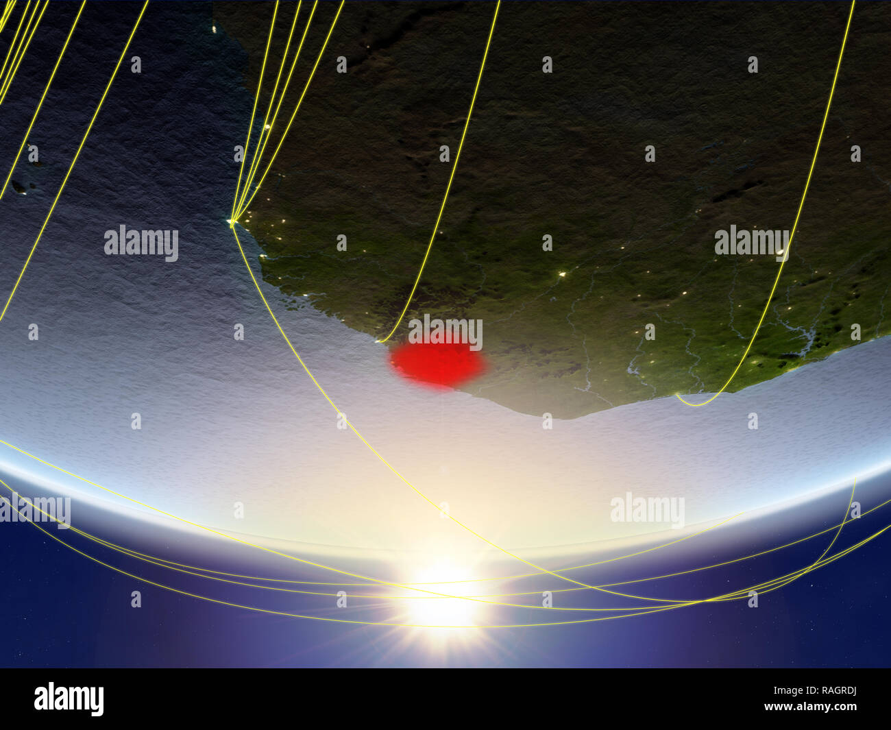 Sierra Leone on model of planet Earth in sunrise with network ...