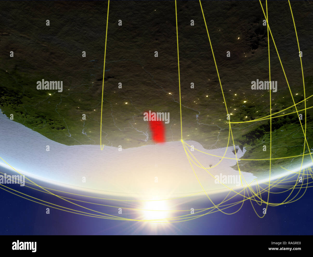 Togo on model of planet Earth in sunrise with network representing ...