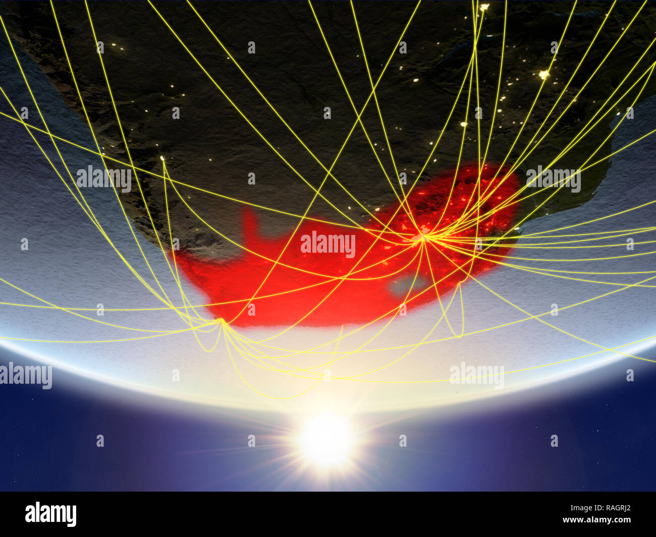 South Africa on model of planet Earth in sunrise with network ...