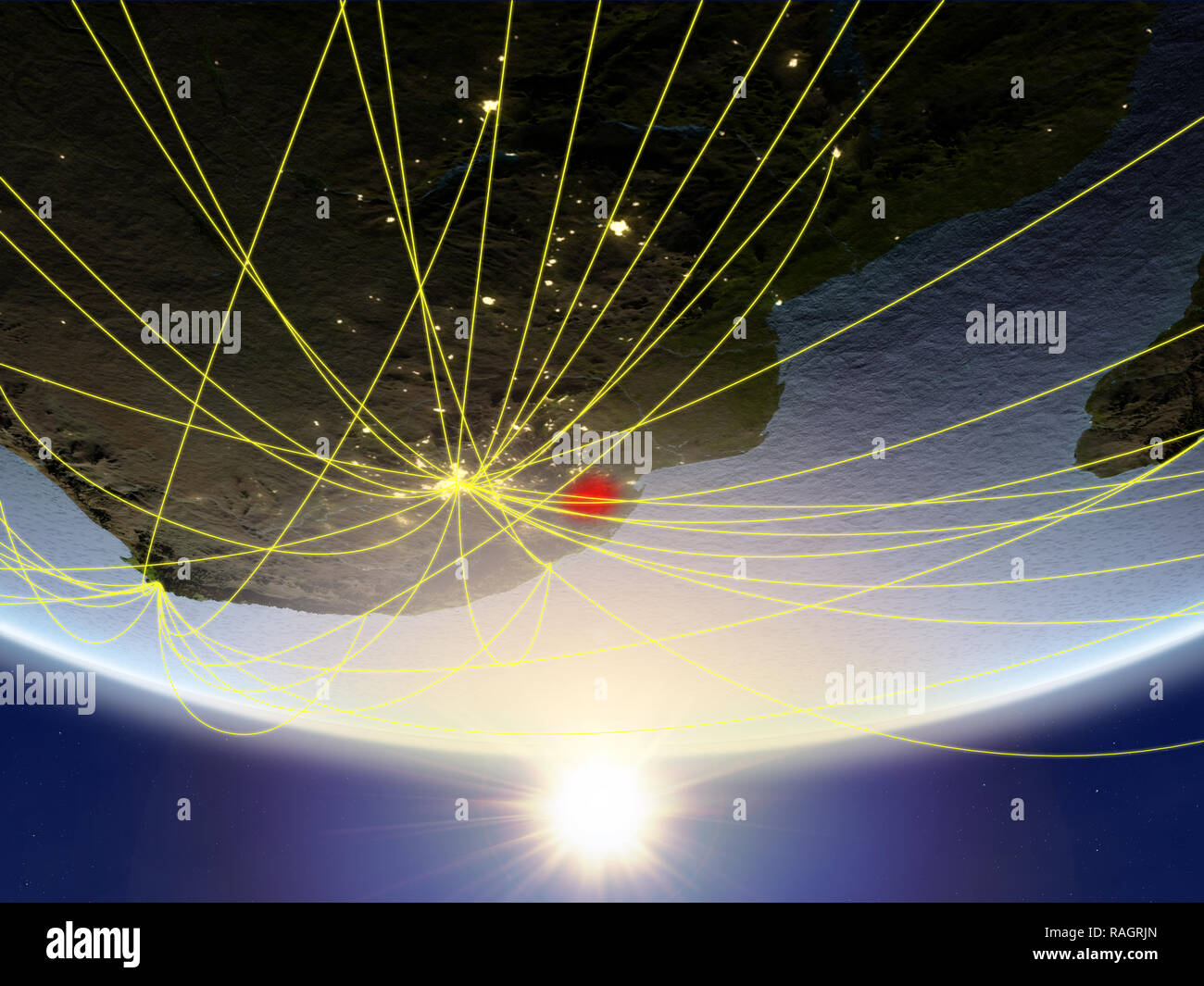 eSwatini on model of planet Earth in sunrise with network representing travel and communication. 3D illustration. Elements of this image furnished by  Stock Photo